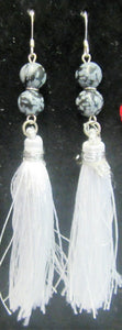 Beautiful handcrafted white tassel sterling silver earrings with grey beads