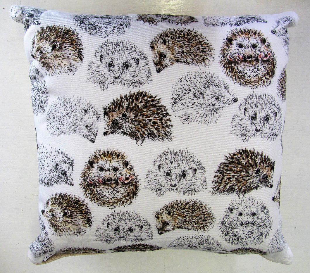 Beautiful handcrafted hedgehog cushion with woven linen back