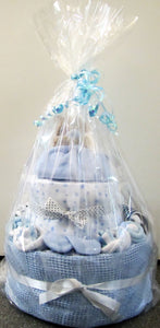Beautiful handcrafted blue nappy cake gift wrapped