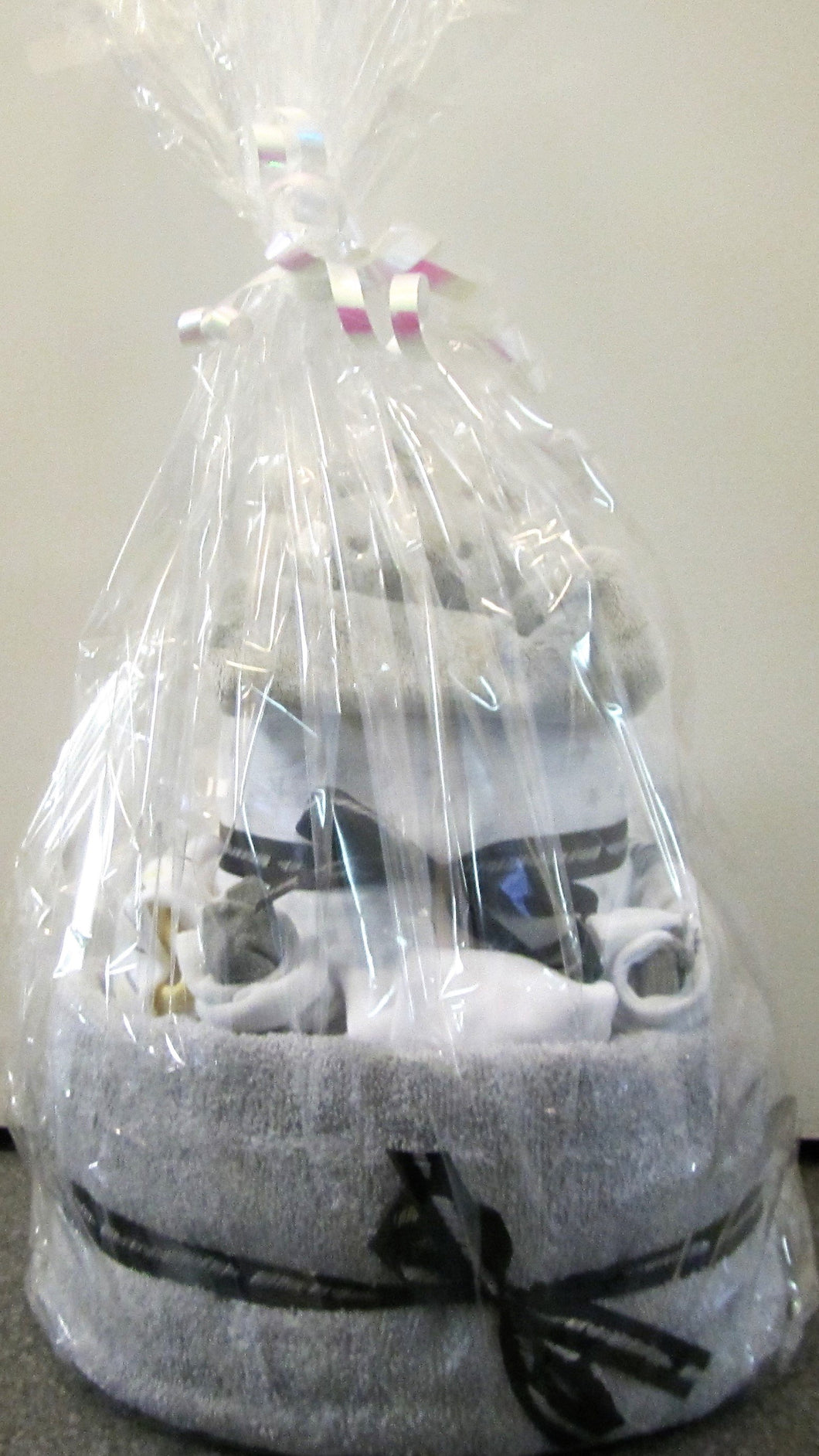 Beautiful handcrafted grey nappy cake gift wrapped