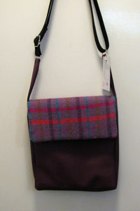 Beautiful handcrafted purple faux leather and Harris tweed messenger bag