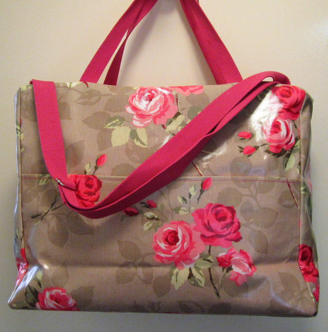 Beautiful handcrafted beige and pink floral fabric weekend bag