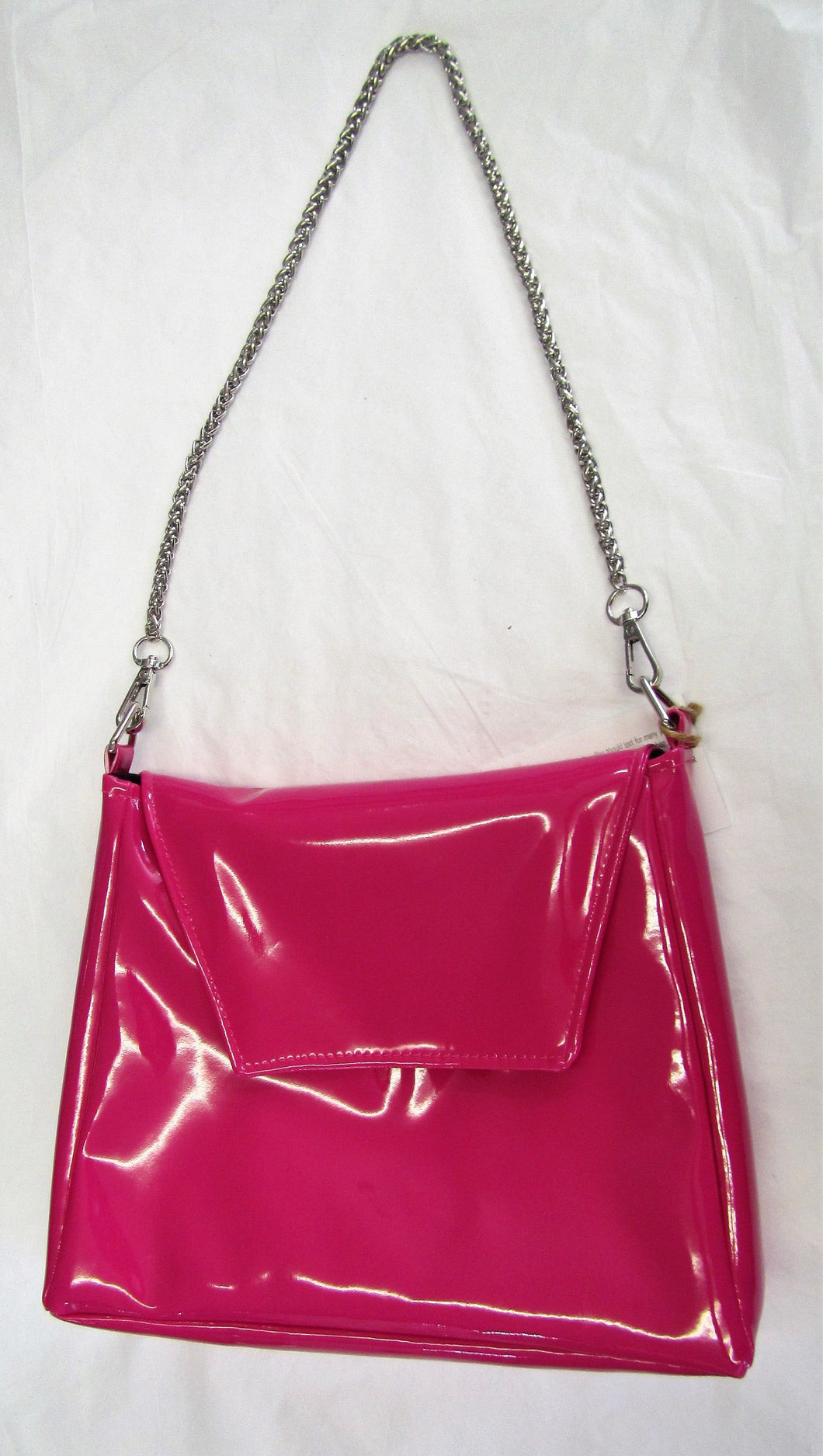 Beautiful handcrafted patent pink handbag with silver chain handle