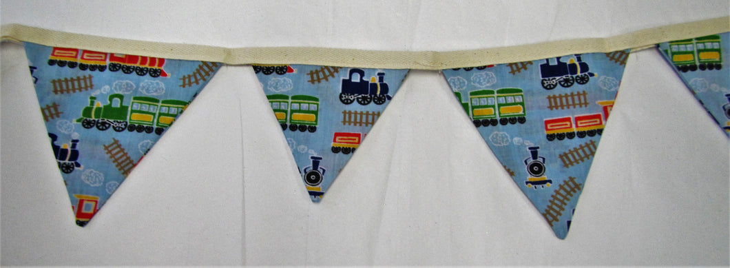 Beautiful handcrafted blue train fabric bunting