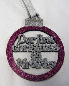 Beautiful handcrafted Christmas glitter "First Christmas as Mr & Mrs" Tree decorations