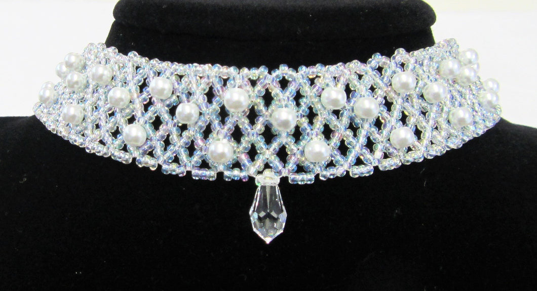 Beautiful handcrafted Pearl and seed bead with swaroviski crystal choker necklace