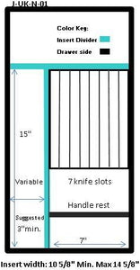 Craftsman Series - Style J Narrow Utensil Organizer & Cutlery Storage (J-UK-N-01) Drawer Interior Size Range: Width 10 5/8 - 14 5/8", Depth 18" - 21". Insert Min/Max Height see details below