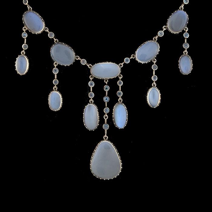 Arts & Crafts Sterling Moonstone Aquamarine Festoon Necklace