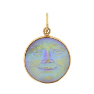 Arts & Crafts 14kt Iridescent Art Glass "Man in the Moon" Pendant