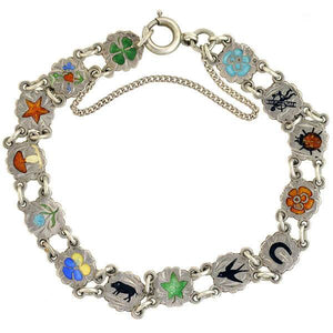 Arts + Crafts Austro-Hungary Silver Enameled Lucky Charm Link Bracelet