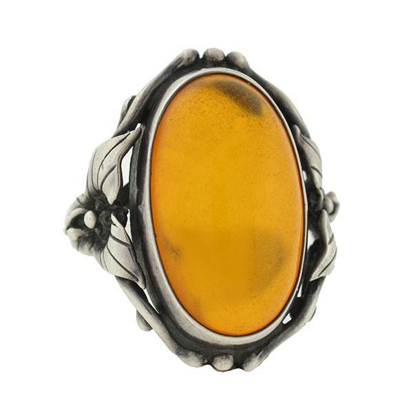 Arts & Crafts Sterling Silver & Amber Floral Motif Ring