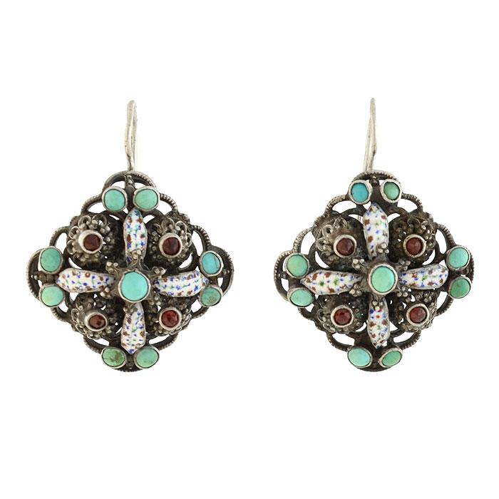 Arts and Crafts Hungarian Silver Turquoise, Garnet + Enameled Earrings