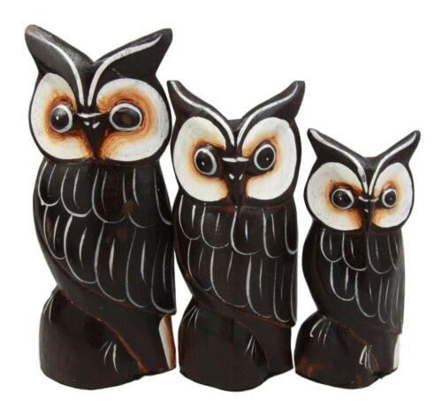 Balinese Wood Handicraft Brown Forest Great Horned Owl Family Set of 3 Figurines