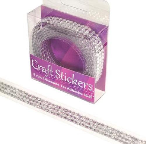 Craft Sticker Adhesive Roll 3 row Diamante 1m Clear/silver