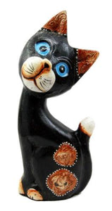 Balinese Wood Handicrafts Adorable Dazed Blue Eyed Feline Cat Figurine 7.25"H
