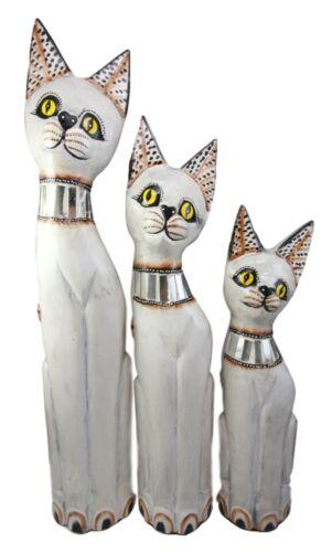Balinese Wood Handicraft White Siamese Feline Cat Family Set of 3 Figurines 24