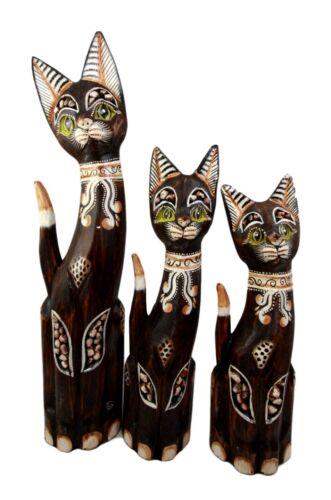 Balinese Wood Handicraft Green Eyed Feline Cat Family Set of 3 Figurines 20