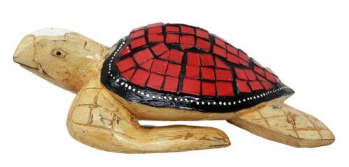 Balinese Wood Handicrafts Ocean Turtle With Painted Glass Shell Figurine 10