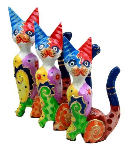 Balinese Wood Handicrafts Colorful Feline Cat Family Set of 3 Decor Figurines