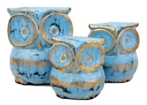 Balinese Wood Handicrafts Blue & Gold Forest Owl Family Set of 3 Figurines 4"H