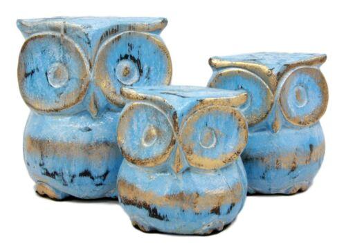 Balinese Wood Handicrafts Blue & Gold Forest Owl Family Set of 3 Figurines 4