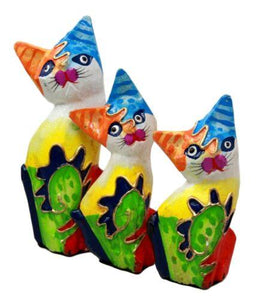 Balinese Wood Handicrafts Bright Colors Feline Cat Family Set of 3 Figurines