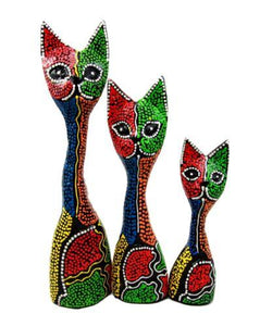 Balinese Wood Handicrafts Abstract Colorful Feline Cat Family Set of 3 Figurines
