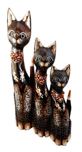 Balinese Wood Handicraft Gecko Tattoo Feline Cat Family Set of 3 Figurines 20