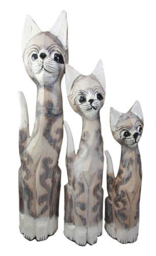 Balinese Wood Handicraft Striped Ears Feline Cat Family Set of 3 Figurines 20