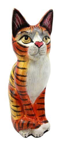 Balinese Wood Handicrafts Adorable Orange Tabby Feline Cat Purr Pet Figurine 8