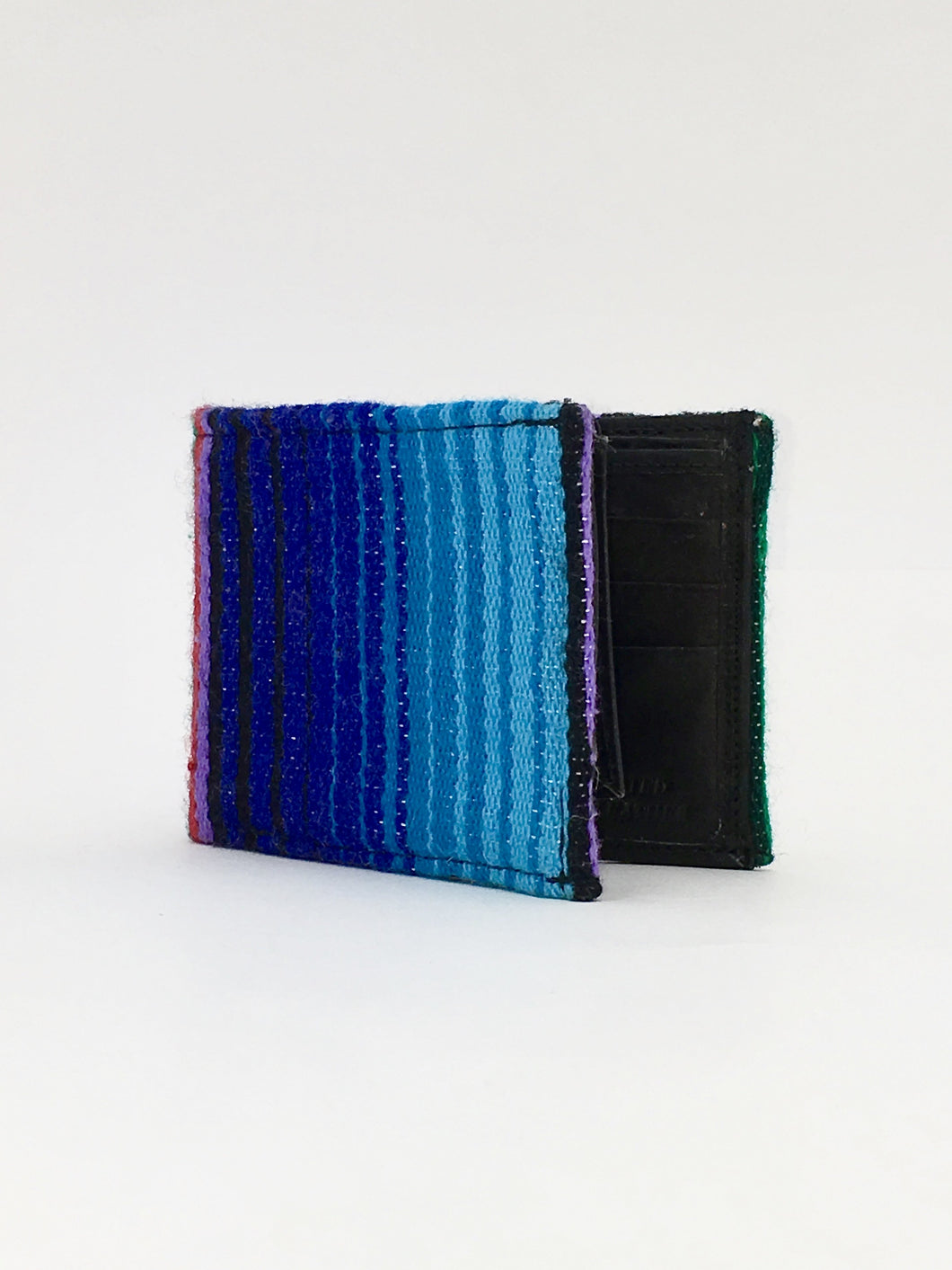 Blue and purple woven sarape textile handcrafted billfold wallet