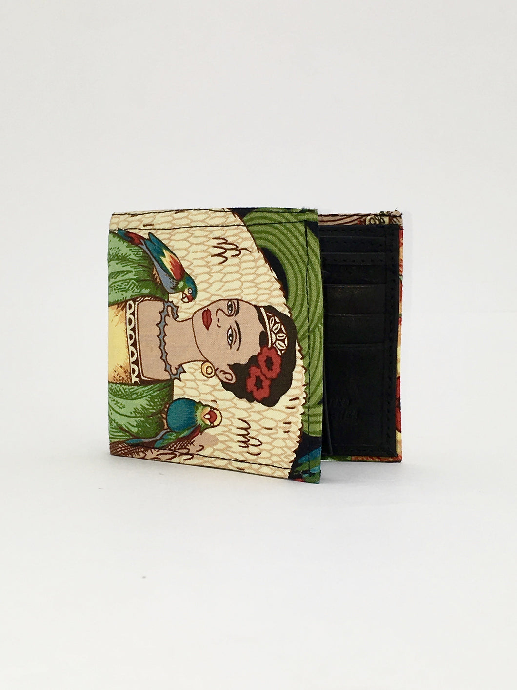 Frida and parrot print handcrafted billfold wallet