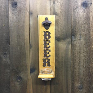 Beer Bottle Opener Craft Brew - Bottle Cap Catcher Pine Wood Weathered Look