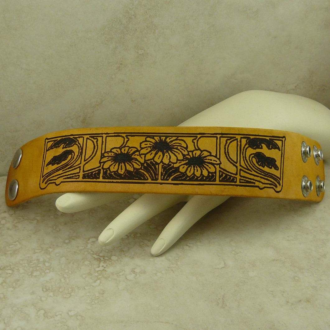 Art Nouveau Flower Leather Cuff Bracelet Laser Burned Adjustable Snap Closure