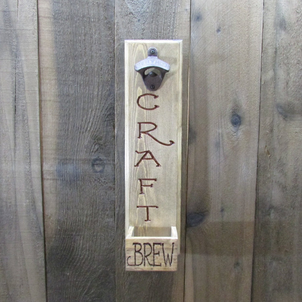 Beer Bottle Opener Craft Brew - Bottle Cap Catcher Wall Mounted Weathered Look Pine