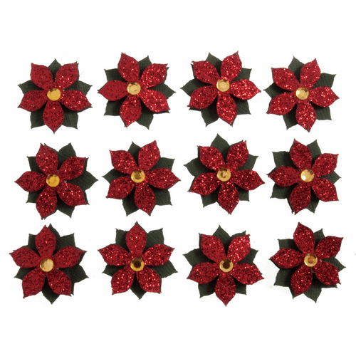 Craft Embellishments - Mini Glitter Poinsettia - Pack of 12