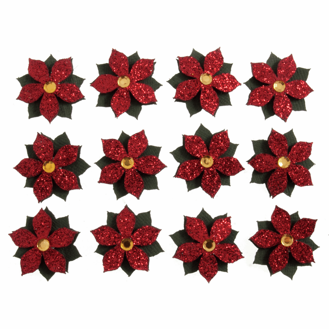 Craft Embellishments - Mini Glitter Poinsettia - Pack of 12