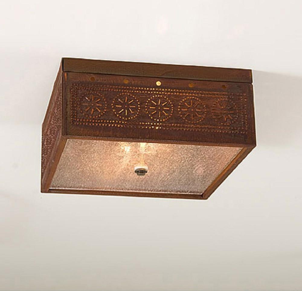 CEILING LIGHT Square Pierced & Seedy Glass with Chisel Pattern & Rustic Tin Finish