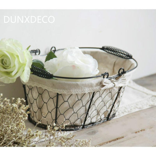Dunxdeco Vintage Linen Fabric Iron Wire Book Flower Sundries Storage Handle Basket Multifunction Iron Craft Home Office Storage