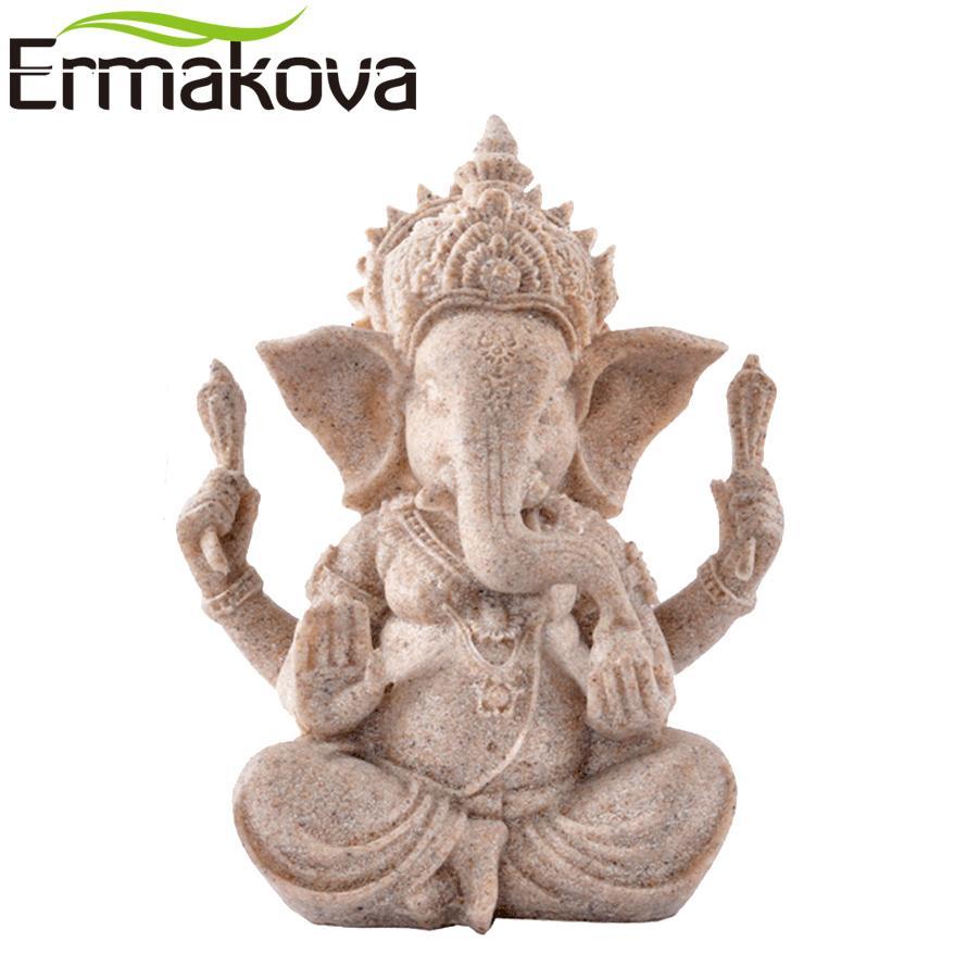 Ermakova 13Cm3.5Tall Indian Ganesha Statue Fengshui Sculpture Natural Sandstone Craft Figurine Home Desk Decor Gift