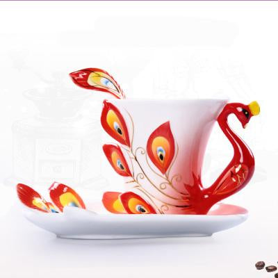 Creative 3D Hand Crafted Porcelain Enamel Peacock Coffee Cup Set with Saucer And Spoon Present Ceramic Tea Water Cup Dish Gift