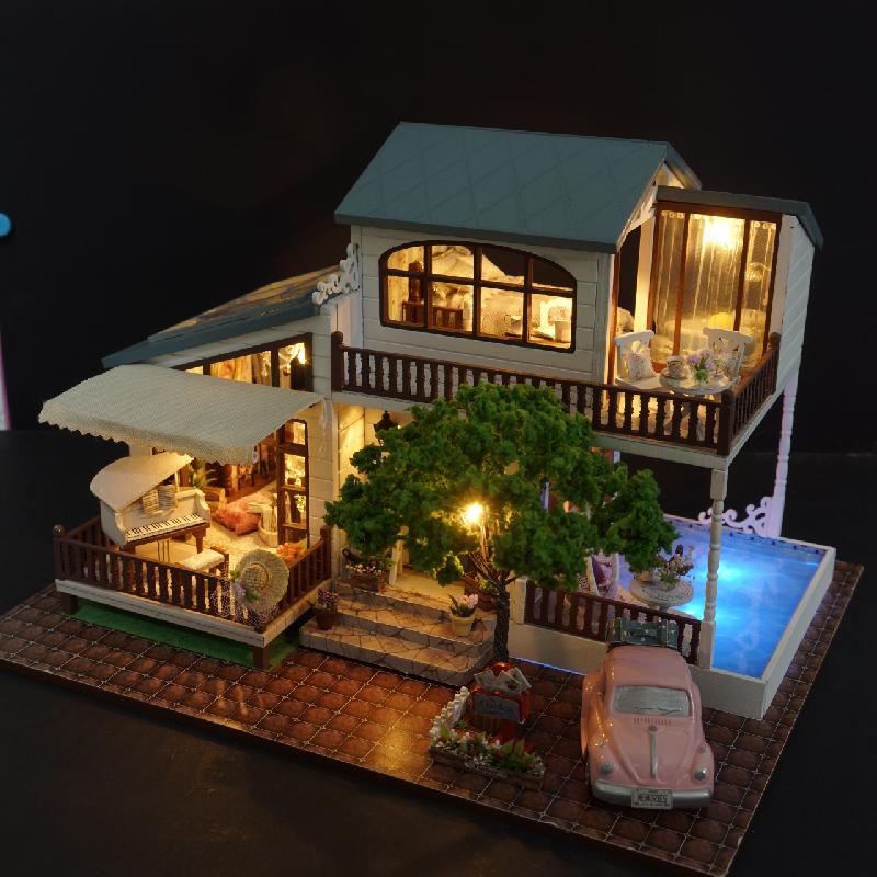 DIY Model Doll House Casa Miniature Dollhouse with Furnitures LED 3D Wooden House Toys For Children Gift Handmade Crafts A039 #E
