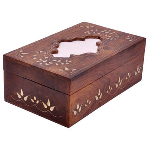 Benzara Handcrafted Wooden Tissue Box Cover With Brass Inlay, Brown