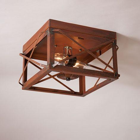CEILING LIGHT in RUSTIC TIN with FOLDED BARS Dual Socket Handcrafted in USA
